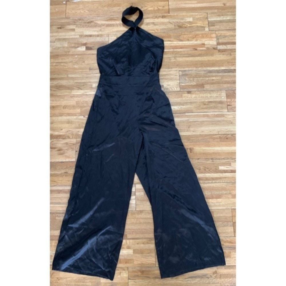 Glam Mob Wife Silk Maison Black Halter  Jumpsuit Elegant Evening Chic -S - Picture 2 of 8
